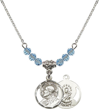18" Rhodium Plated Necklace with 4mm Aqua Crystal Beads featuring a Sterling Silver Scapular Medal.