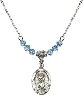 18" Rhodium Plated Necklace with 4mm Aqua Crystal Beads featuring a Sterling Silver Saint Christopher Medal. Engraved Catholic Saint Jewelry