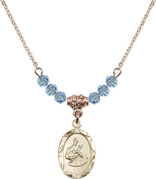 18" Hamilton Gold Plated Necklace with 4mm Aqua Crystal Beads featuring a 14kt Gold Filled Saint Gerard Medal. Engraved Catholic Saint Jewelry