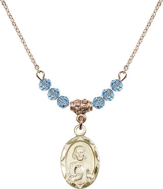 18" Hamilton Gold Plated Necklace with 4mm Aqua Crystal Beads featuring a 14kt Gold Filled Saint Jude Medal. Engraved Catholic Saint Jewelry