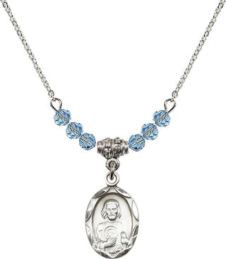 18" Rhodium Plated Necklace with 4mm Aqua Crystal Beads featuring a Sterling Silver Saint Jude Medal. Engraved Catholic Saint Jewelry