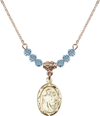 18" Hamilton Gold Plated Necklace with 4mm Aqua Crystal Beads featuring a 14kt Gold Filled Saint Joseph Medal. Engraved Catholic Saint Jewelry