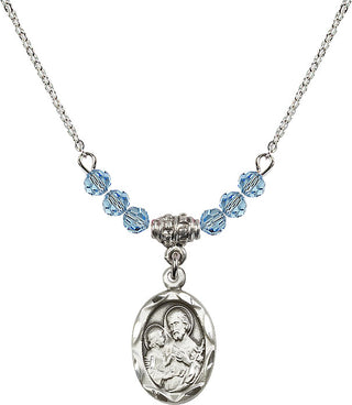 18" Rhodium Plated Necklace with 4mm Aqua Crystal Beads featuring a Sterling Silver Saint Joseph Medal. Engraved Catholic Saint Jewelry