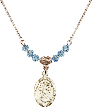 18" Hamilton Gold Plated Necklace with 4mm Aqua Crystal Beads featuring a 14kt Gold Filled Saint Michael the Archangel Medal.