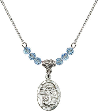 18" Rhodium Plated Necklace with 4mm Aqua Crystal Beads featuring a Sterling Silver Saint Michael the Archangel Medal.