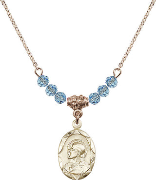 18" Hamilton Gold Plated Necklace with 4mm Aqua Crystal Beads featuring a 14kt Gold Filled Scapular Medal.