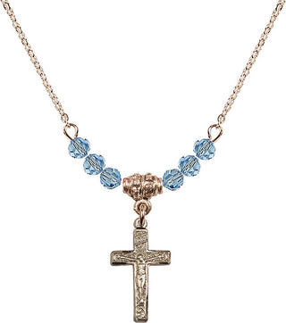 18" Hamilton Gold Plated Necklace with 4mm Aqua Crystal Beads featuring a 14kt Gold Filled Crucifix Medal.