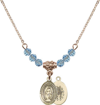 18" Hamilton Gold Plated Necklace with 4mm Aqua Crystal Beads featuring a 14kt Gold Filled Miraculous Medal.