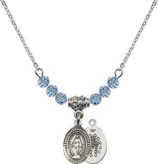 18" Rhodium Plated Necklace with 4mm Aqua Crystal Beads featuring a Sterling Silver Miraculous Medal.