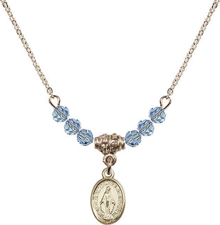 18" Hamilton Gold Plated Necklace with 4mm Aqua Crystal Beads featuring a 14kt Gold Filled Miraculous Medal.