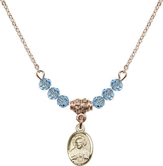 18" Hamilton Gold Plated Necklace with 4mm Aqua Crystal Beads featuring a 14kt Gold Filled Scapular Medal.