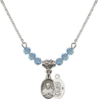 18" Rhodium Plated Necklace with 4mm Aqua Crystal Beads featuring a Sterling Silver Scapular Medal.