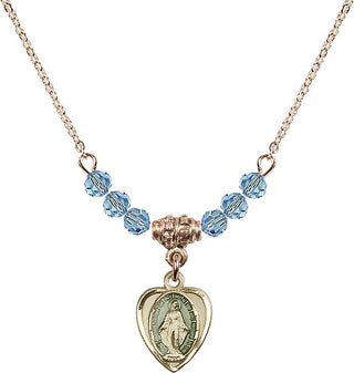 18" Hamilton Gold Plated Necklace with 4mm Aqua Crystal Beads featuring a 14kt Gold Filled Miraculous Medal.