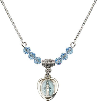18" Rhodium Plated Necklace with 4mm Aqua Crystal Beads featuring a Sterling Silver Miraculous Medal.