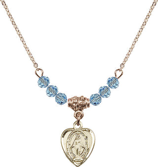 18" Hamilton Gold Plated Necklace with 4mm Aqua Crystal Beads featuring a 14kt Gold Filled Miraculous Medal.