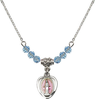 18" Rhodium Plated Necklace with 4mm Aqua Crystal Beads featuring a Sterling Silver Miraculous Medal.