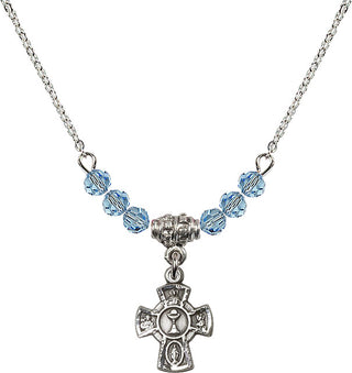 18" Rhodium Plated Necklace with 4mm Aqua Crystal Beads featuring a Sterling Silver 5-Way / Chalice Medal.