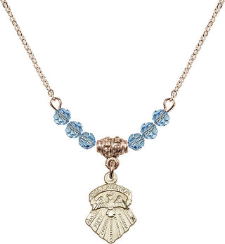 18" Hamilton Gold Plated Necklace with 4mm Aqua Crystal Beads featuring a 14kt Gold Filled Seven Gifts Medal.
