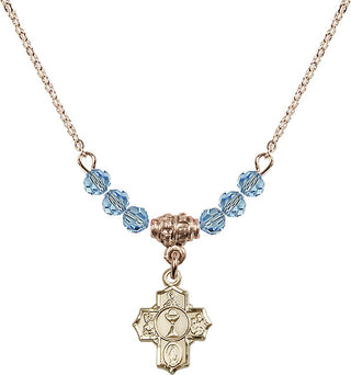 18" Hamilton Gold Plated Necklace with 4mm Aqua Crystal Beads featuring a 14kt Gold Filled Communion 5-Way Medal.