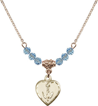 18" Hamilton Gold Plated Necklace with 4mm Aqua Crystal Beads featuring a 14kt Gold Filled Heart / Confirmation Medal.