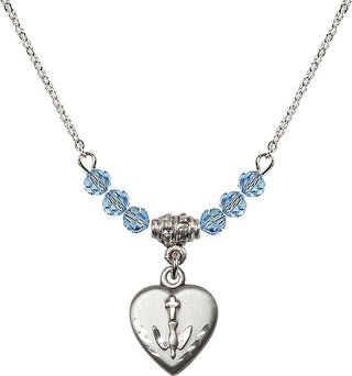 18" Rhodium Plated Necklace with 4mm Aqua Crystal Beads featuring a Sterling Silver Heart / Confirmation Medal.
