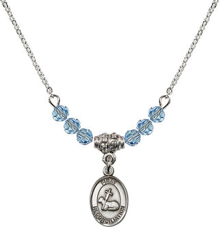 18" Rhodium Plated Necklace with 4mm Aqua Crystal Beads featuring a Sterling Silver First Reconciliation Medal.