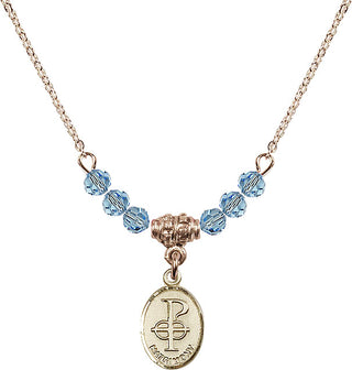 18" Hamilton Gold Plated Necklace with 4mm Aqua Crystal Beads featuring a 14kt Gold Filled Matrimony Medal.