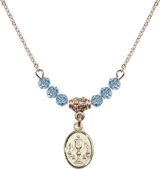 18" Hamilton Gold Plated Necklace with 4mm Aqua Crystal Beads featuring a 14kt Gold Filled Chalice Medal.
