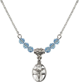 18" Rhodium Plated Necklace with 4mm Aqua Crystal Beads featuring a Sterling Silver Crucifix Medal.