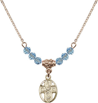18" Hamilton Gold Plated Necklace with 4mm Aqua Crystal Beads featuring a 14kt Gold Filled 5-Way Medal.