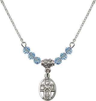 18" Rhodium Plated Necklace with 4mm Aqua Crystal Beads featuring a Sterling Silver 5-Way Medal.