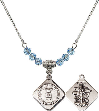 18" Rhodium Plated Necklace with 4mm Aqua Crystal Beads featuring a Sterling Silver Air Force Diamond Medal.
