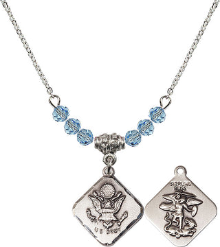 18" Rhodium Plated Necklace with 4mm Aqua Crystal Beads featuring a Sterling Silver Army Diamond Medal.