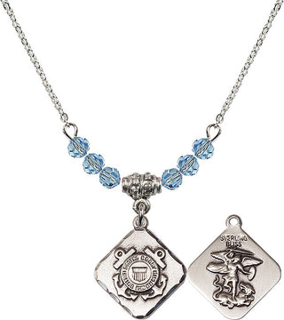 18" Rhodium Plated Necklace with 4mm Aqua Crystal Beads featuring a Sterling Silver Coast Guard Diamond Medal.