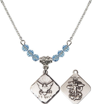 18" Rhodium Plated Necklace with 4mm Aqua Crystal Beads featuring a Sterling Silver Navy Diamond Medal.