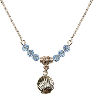 18" Hamilton Gold Plated Necklace with 4mm Aqua Crystal Beads featuring a 14kt Gold Filled Shell Medal.