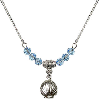 18" Rhodium Plated Necklace with 4mm Aqua Crystal Beads featuring a Sterling Silver Shell Medal.