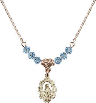 18" Hamilton Gold Plated Necklace with 4mm Aqua Crystal Beads featuring a 14kt Gold Filled Miraculous Medal.
