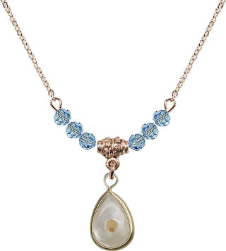 18" Hamilton Gold Plated Necklace with 4mm Aqua Crystal Beads featuring a 14kt Gold Filled Mustard Seed Medal.