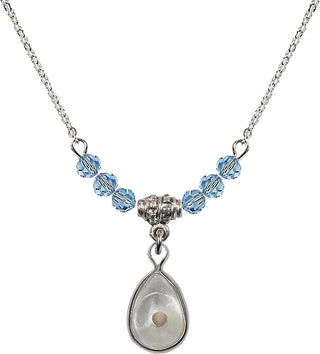 18" Rhodium Plated Necklace with 4mm Aqua Crystal Beads featuring a Sterling Silver Mustard Seed Medal.