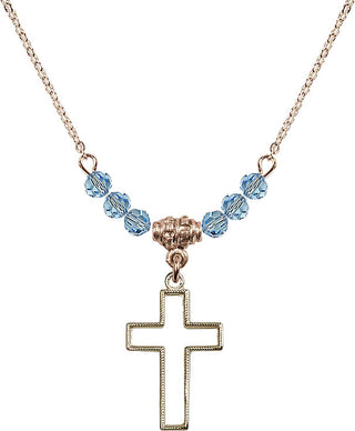 18" Hamilton Gold Plated Necklace with 4mm Aqua Crystal Beads featuring a 14kt Gold Filled Cross Medal.