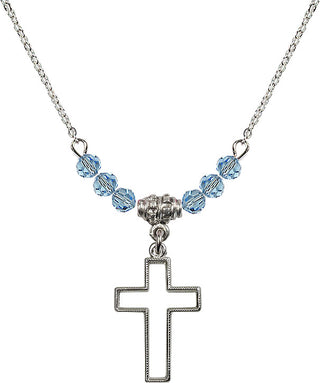 18" Rhodium Plated Necklace with 4mm Aqua Crystal Beads featuring a Sterling Silver Cross Medal.