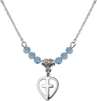 18" Rhodium Plated Necklace with 4mm Aqua Crystal Beads featuring a Sterling Silver Heart / Cross Medal.