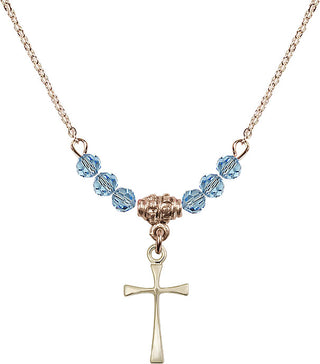 18" Hamilton Gold Plated Necklace with 4mm Aqua Crystal Beads featuring a 14kt Gold Filled Maltese Cross Medal.