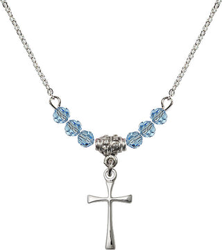 18" Rhodium Plated Necklace with 4mm Aqua Crystal Beads featuring a Sterling Silver Maltese Cross Medal.