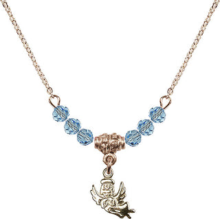 18" Hamilton Gold Plated Necklace with 4mm Aqua Crystal Beads featuring a 14kt Gold Filled Guardian Angel Medal.