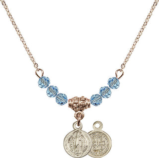 18" Hamilton Gold Plated Necklace with 4mm Aqua Crystal Beads featuring a 14kt Gold Filled Saint Benedict Medal.