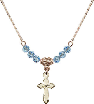 18" Hamilton Gold Plated Necklace with 4mm Aqua Crystal Beads featuring a 14kt Gold Filled Cross Medal.