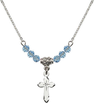 18" Rhodium Plated Necklace with 4mm Aqua Crystal Beads featuring a Sterling Silver Cross Medal.