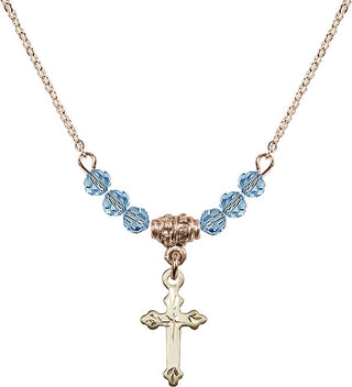 18" Hamilton Gold Plated Necklace with 4mm Aqua Crystal Beads featuring a 14kt Gold Filled Cross Medal.